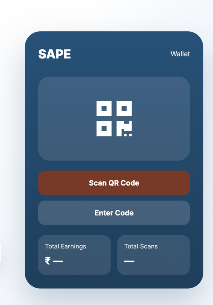 SAPE app home screen showing Scan QR Code and wallet